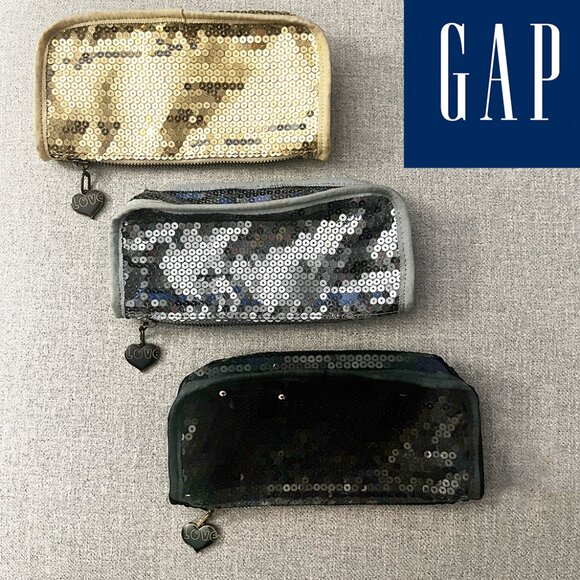 NWOT Gap Gold, Black, & Silver Sequin LOVE Cosmetic Make-up Bags / Pencil Cases - Picture 1 of 7